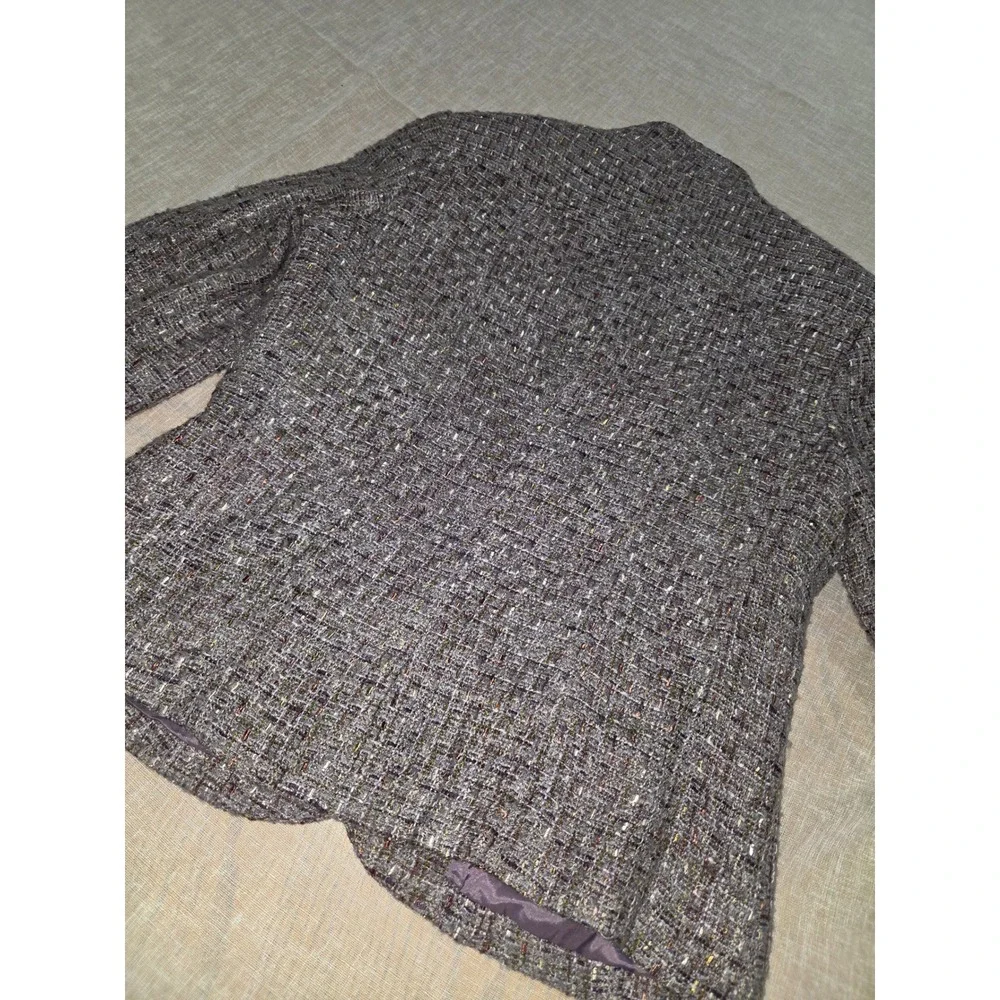 Coldwater Creek Shaped Purple Tweed Blazer Jacket Mock Neck Metallic Size 10